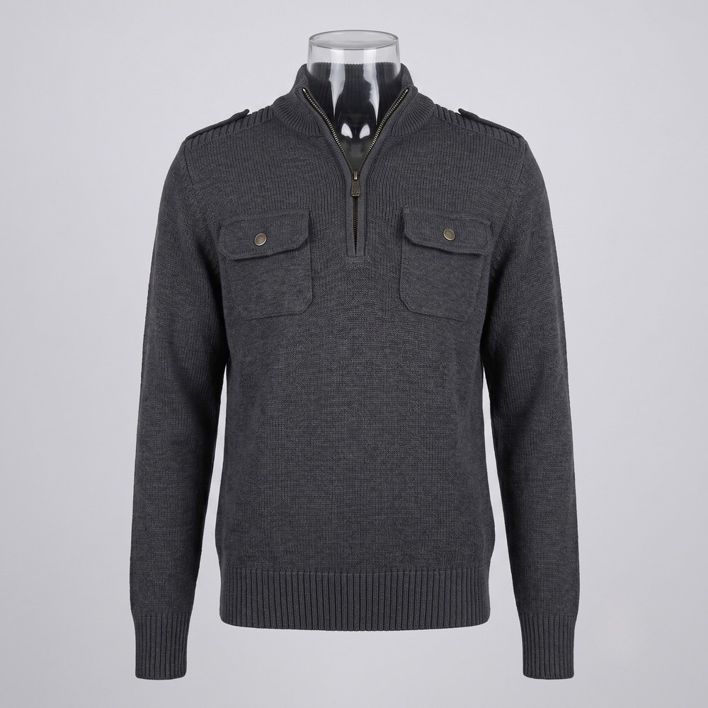 Apt. 9 Mens Large‎ Gray Sweater Quarter Zip Pullover Military Style Epaulettes